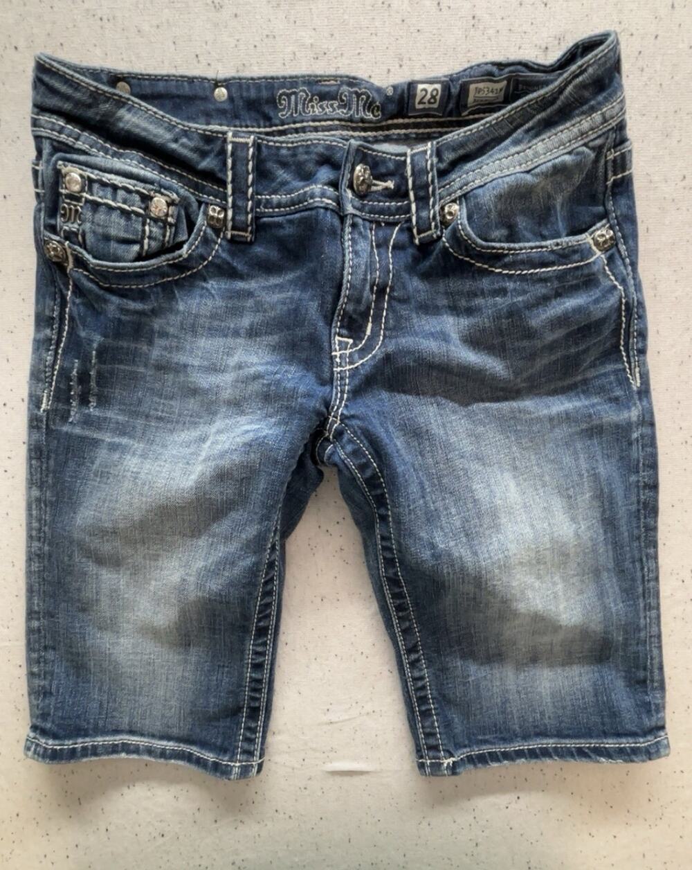 Miss Me Bermuda Denim Shorts Size 28 Embellished Thick Stitch Flap Pocket